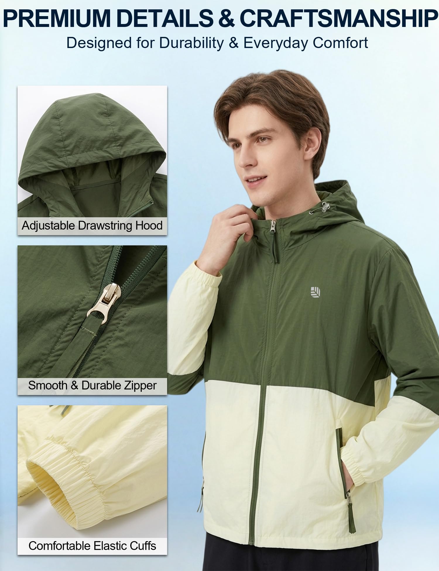 Venzina® Men's Loose-Fit Breathable Sun Hoodie - UPF 50+ Ultra-Lightweight Wind-Resistant Jacket with Subtle Color-Block Design, Packable & Quick-Dry for Camping, Hiking, Fishing & Outdoor- Green-L 3