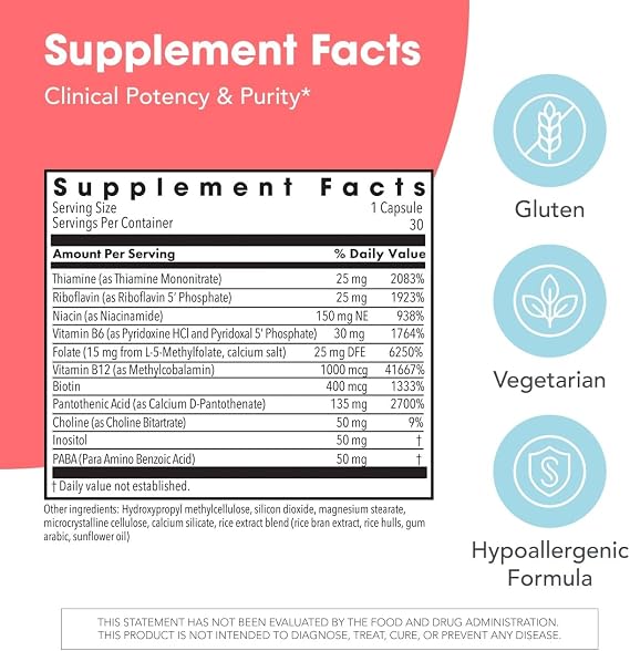 MethylPro B Complex with L-Methylfolate 15 mg, 30 Capsules | Bioavailable Methylated B Vitamins for Energy and Stress Support, Vegetarian and Hypoallergenic Formula