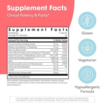 MethylPro B Complex with L-Methylfolate 15 mg, 30 Capsules | Bioavailable Methylated B Vitamins for Energy and Stress Support, Vegetarian and Hypoallergenic Formula