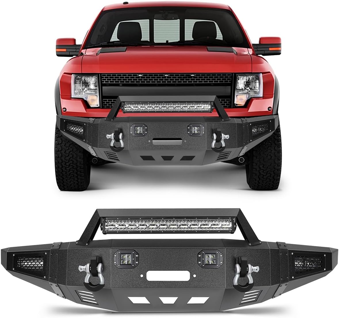 SCITOO Heavy Duty Steel Front Bumper fit for 2010-2014 for Ford for F-150 Texture Black Bumper,with Red D-ring