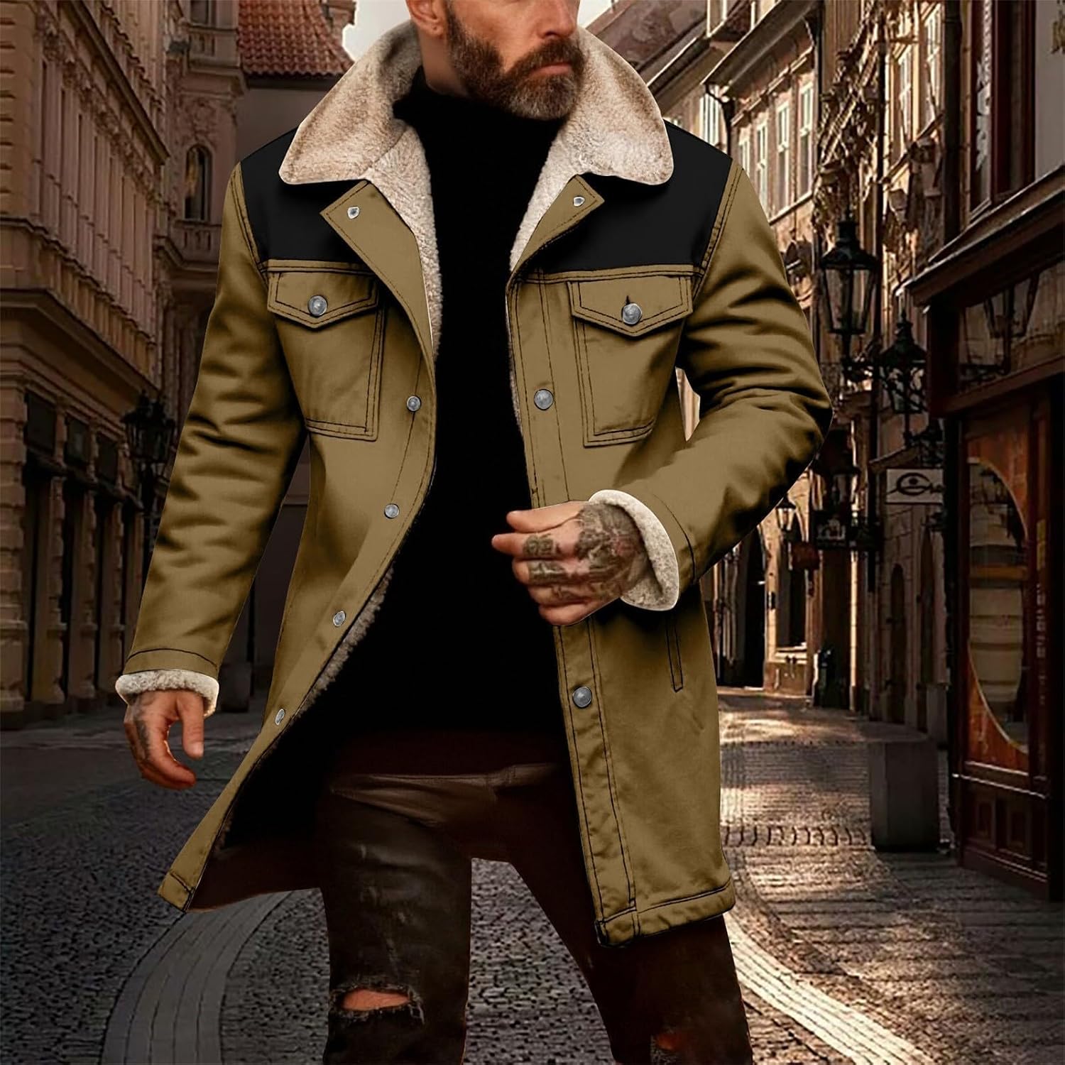 Cambkatl Vintage Suede Winter Coats for Men Heavyweight Lapel Collar Button Down Thermal Trucker Cargo Jackets with Pockets