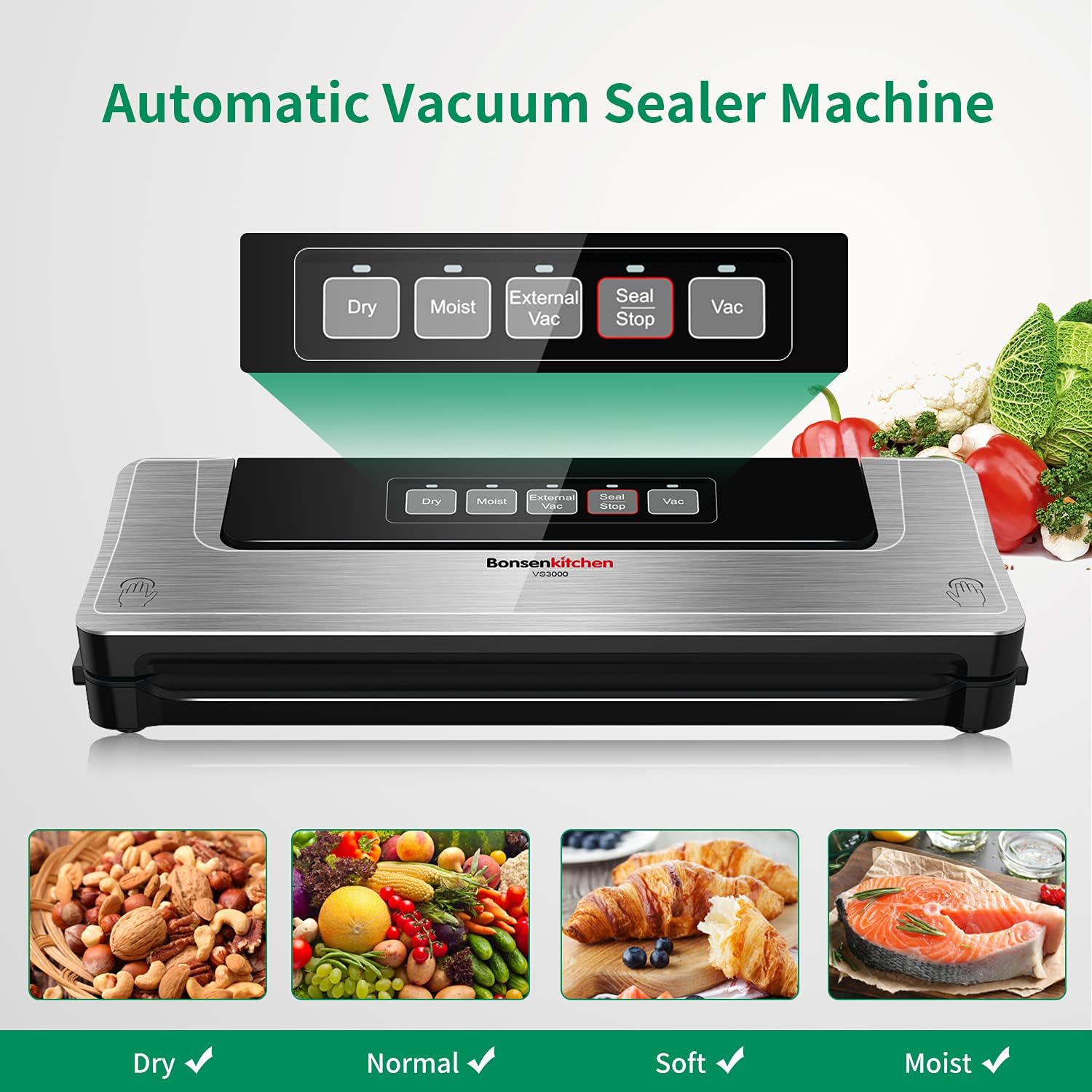 Bonsenkitchen Vacuum Sealer Machine, Built-in Cutter | Multifunctional Food Sealer for Sous Vide & Meal Prep, 40 Pre-Cut Bags, Grey-Black