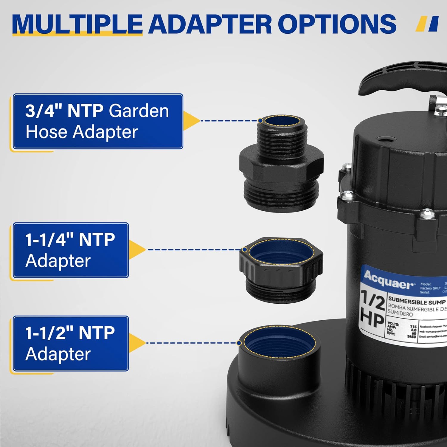 Acquaer Sump Pump Submersible Clean/Dirty Water Pump with Adjustable Float Switch for Garden Pool, Basement, Flooded House, Hot Tub and Irrigation, 1/2HP 4060GPH