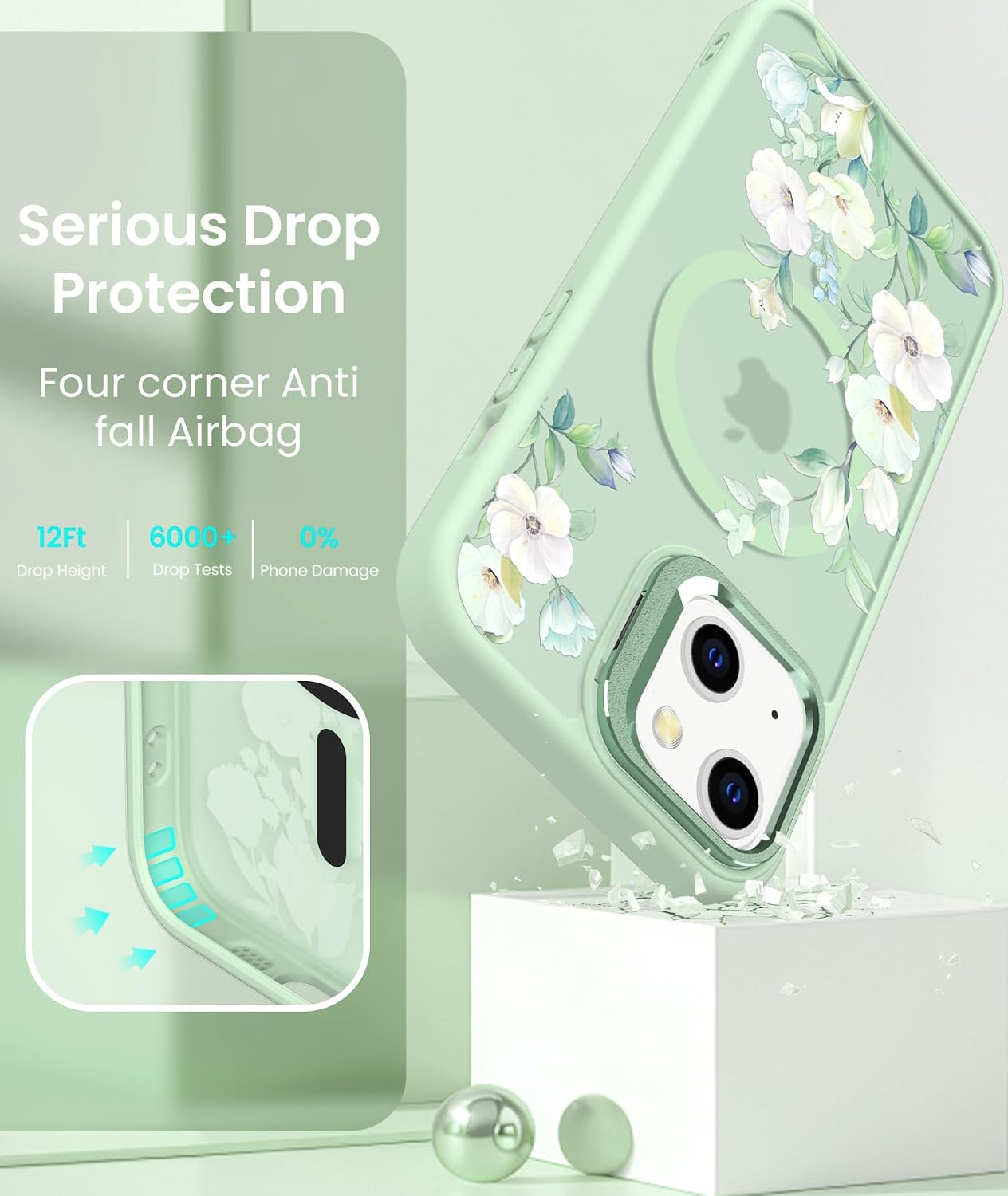 Dretal Magnetic Floral Case for iPhone 13 & iPhone 14 6.1", Screen Protector X2,Built-in Lens Ring Stand,Military-Grade Protection,Translucent Matte Magnetic Shockproof Flower Pattern Case - Hibiscus