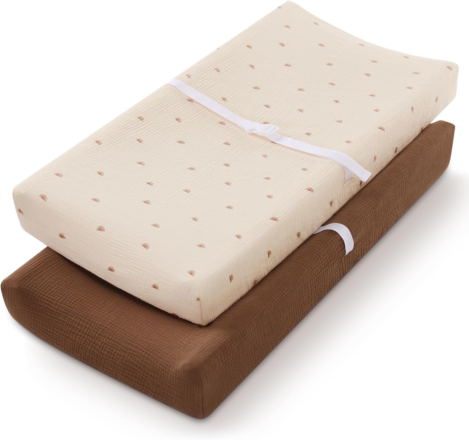 Blissful Diary Muslin Changing Pad Cover for Girls Boys, Ultra Soft Breathable Cotton, Baby Diaper Change Table Pad Covers, 2Pack (Sunshine&Brown)