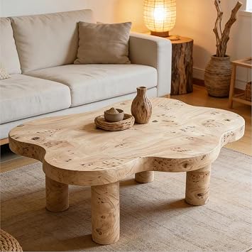 Cloud Shaped Coffee Table with 4 Legs, Sturdy Low Modern Wooden Coffee Table with Ash Wood Veneer, Living Room Accent Tea Table, Natural Wood