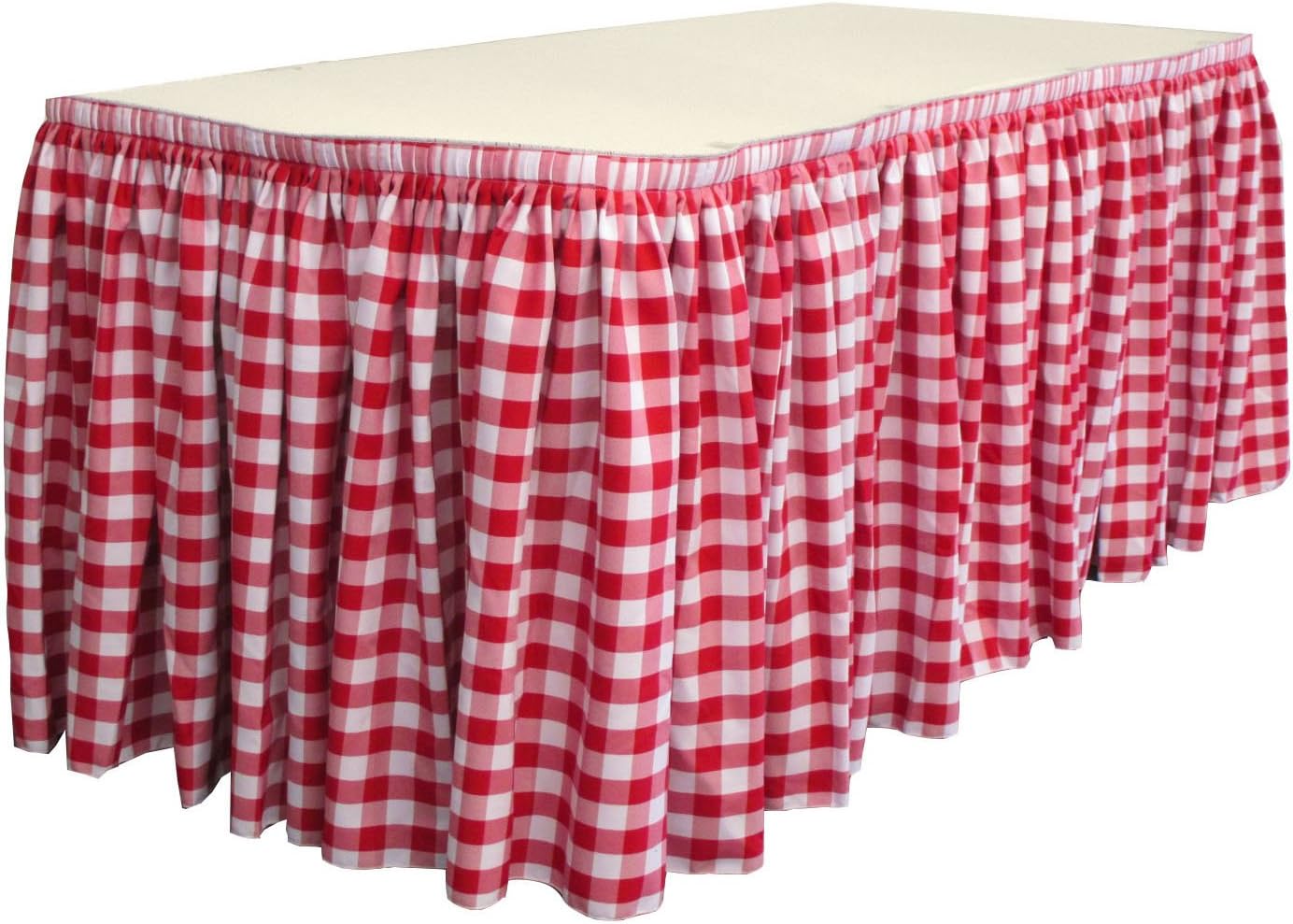LA Linen Oversized Checkered Table Skirt with 15 L-Clips, 30' x 29", White/Red