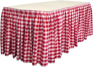 LA Linen Oversized Checkered Table Skirt 30-Foot by 29-Inch Long with 15 L-Clips, White and Red