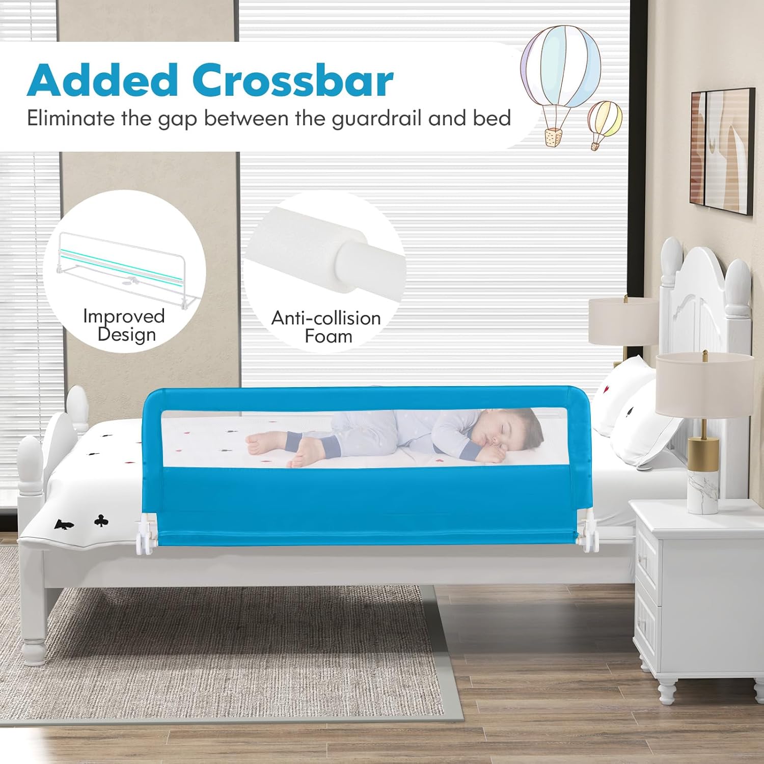 HONEY JOY Bed Rail for Toddlers, 59-in Extra Long, Portable Safety Bed Guardrail w/Double Safety Child Lock, Foldable Baby Bed Rail Guard, Fit King & Queen Full Twin Size Bed Mattress (2 Pack, Blue)