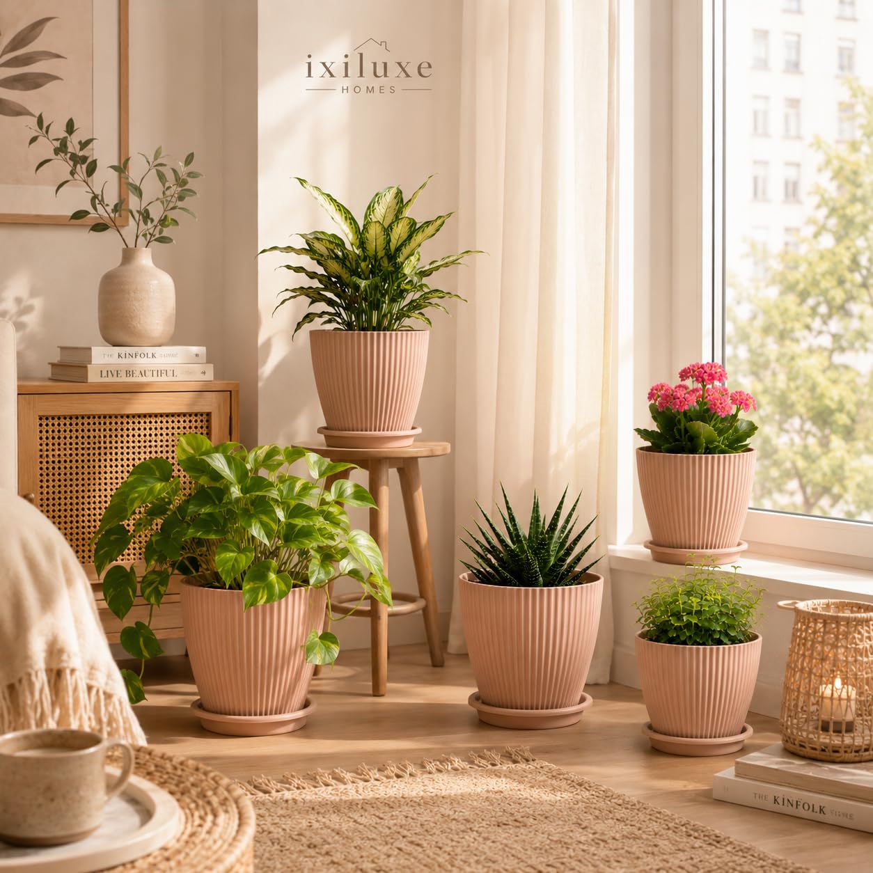 Light Brown Flower Pots Set of 5 - Modern Plant Planters -9 Light Brown Flower Pots Set of 5 - Modern Plant Planters -9