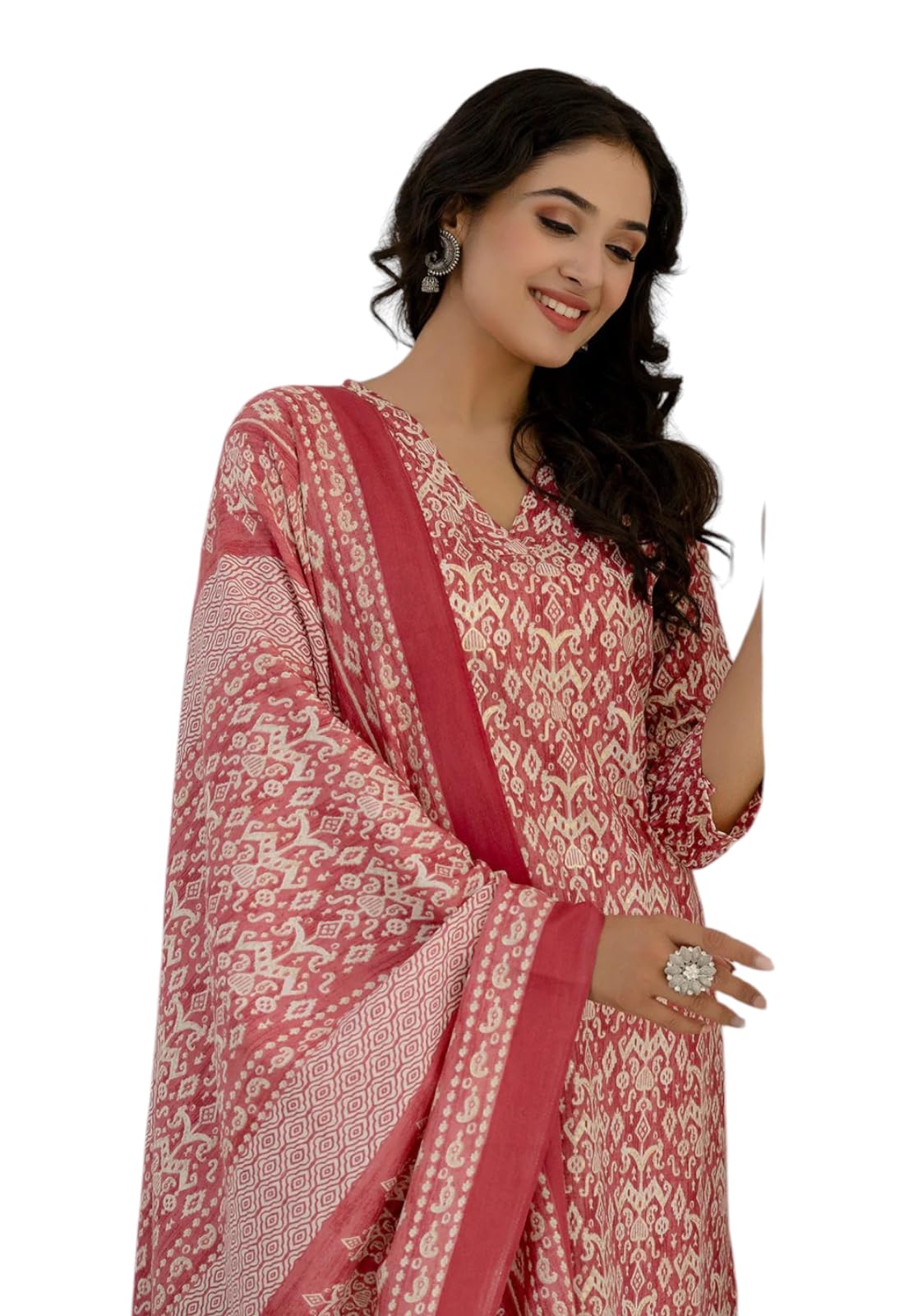 Ensemble kurta en vieux rose avec finitions cousues main et motifs Ikat haut de gamme - 8