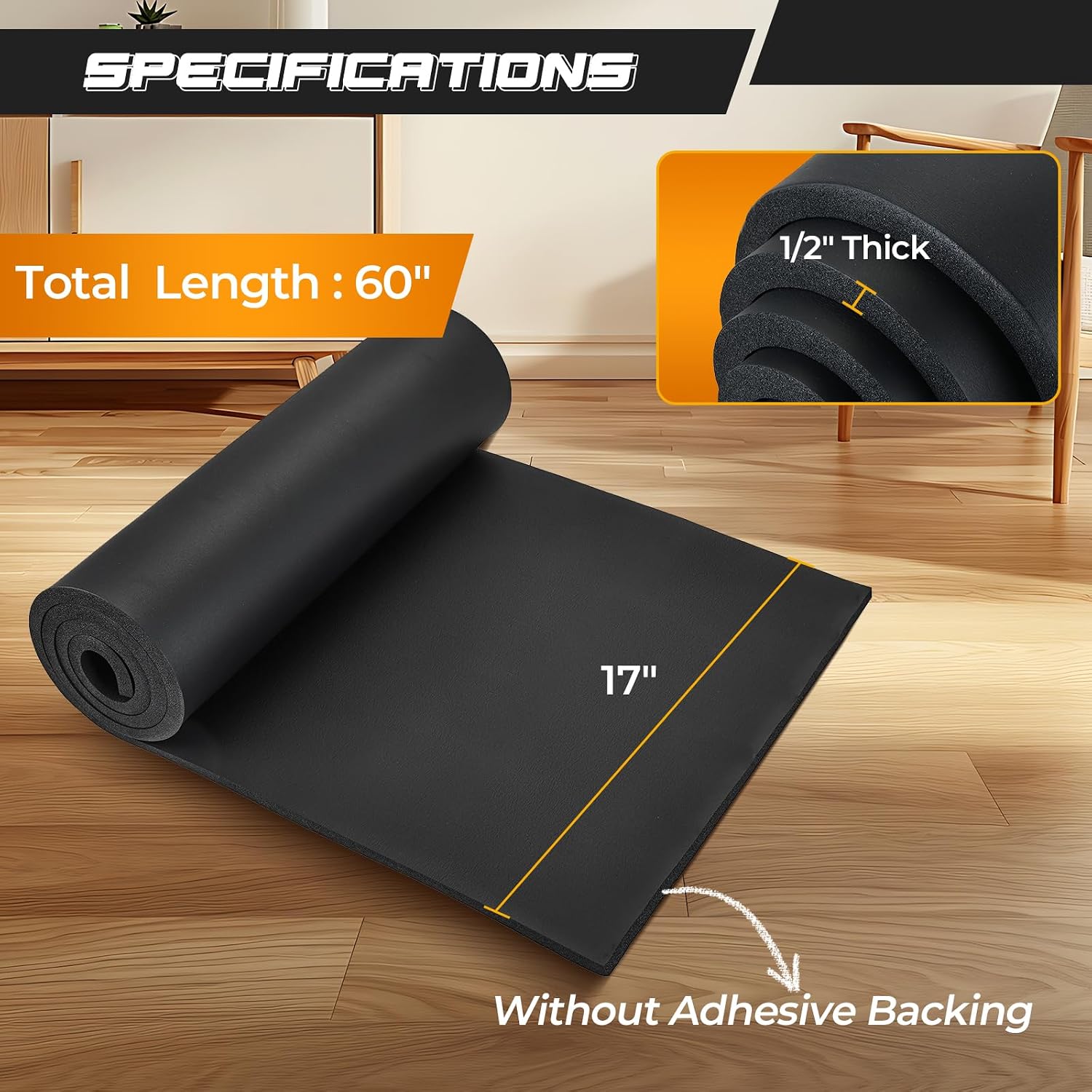 NATGAI Neoprene Closed Cell Foam Roll, 1/2" Thick, 17" W x 60" L Foam Padding Sheet Without Adhesive, Easy Cut Foam Sheets for Soundproof Insulation, Garage Padding, Furniture Pad, Non-Slip Mat, DIY