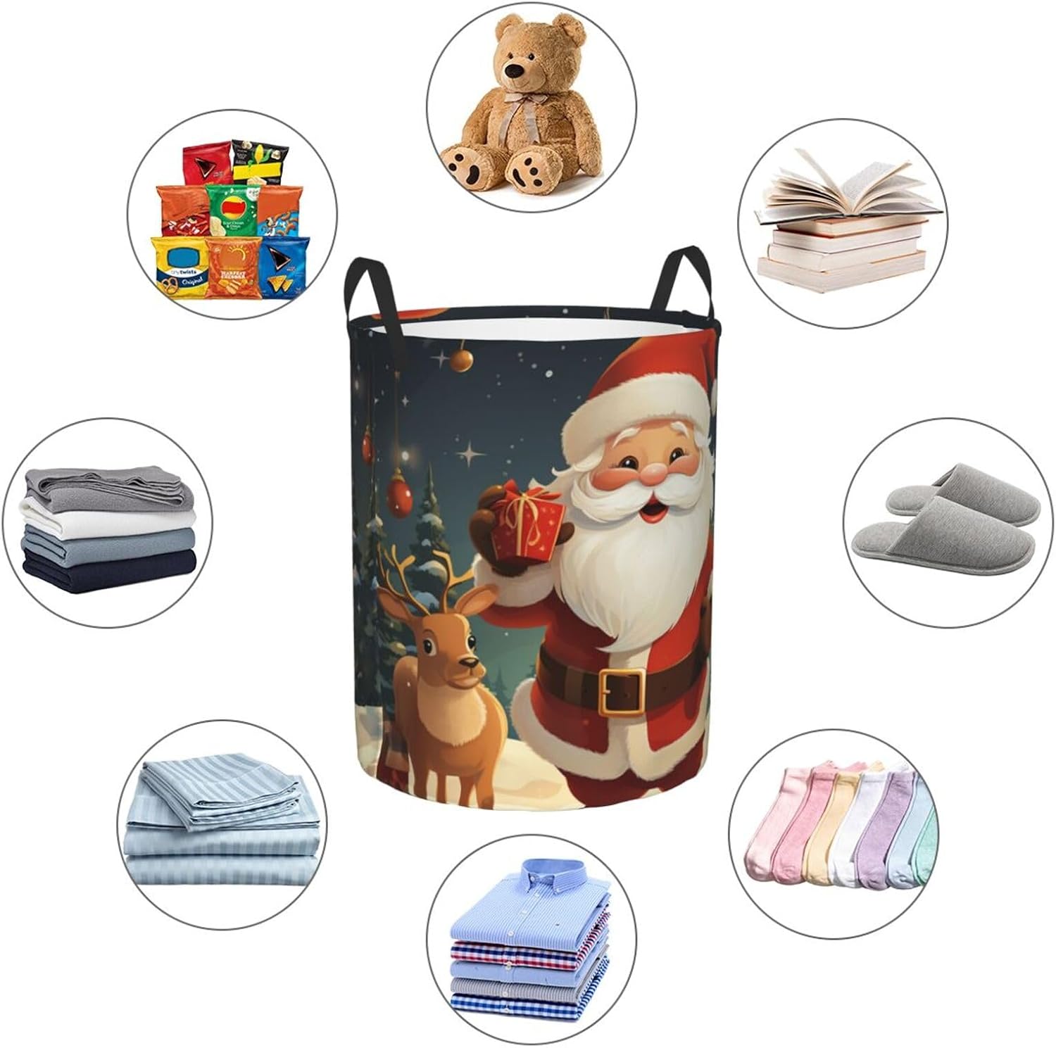 Laundry Basket Waterproof Laundry Hamper With Handles Dirty Clothes Organizer Christmas Santa Claus Print Protable Foldable Storage Bin Bag For Living Room Bedroom Playroom