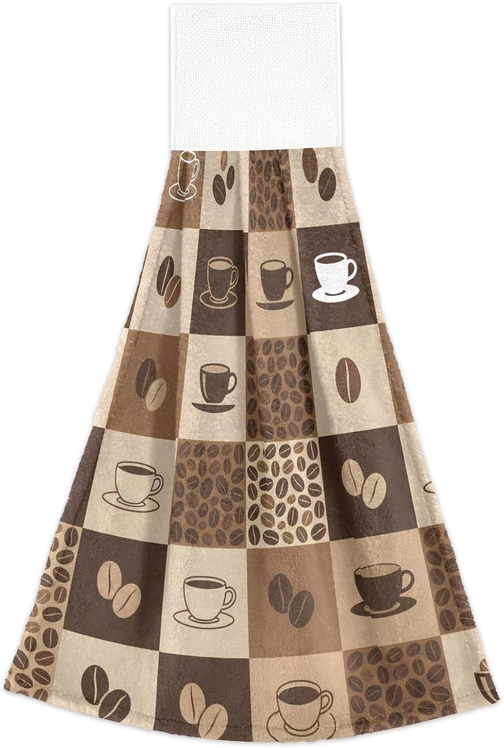 Coffee Elements Hanging Kitchen Hand Towels 2 Pack, Absorbent Coral Fleece Drying Cloths, Magic Sticker Loop Towel for Oven Handle, Coffee Bar, Bathroom & Laundry Room, 18.2x14in