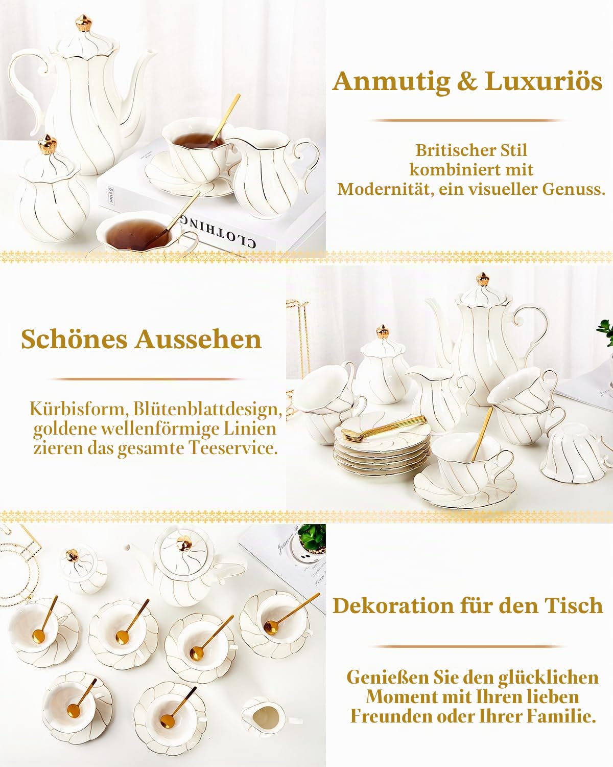 DUJUST 22-teiliges weißes Porzellan-Tee-Set für 6 Personen, luxuriöses Tee-/Kaffeetassen-Set im britischen Stil mit goldenem Rand, Tee-Party-Set, Geschenkpaket (inklusive Ständer) – Weiß