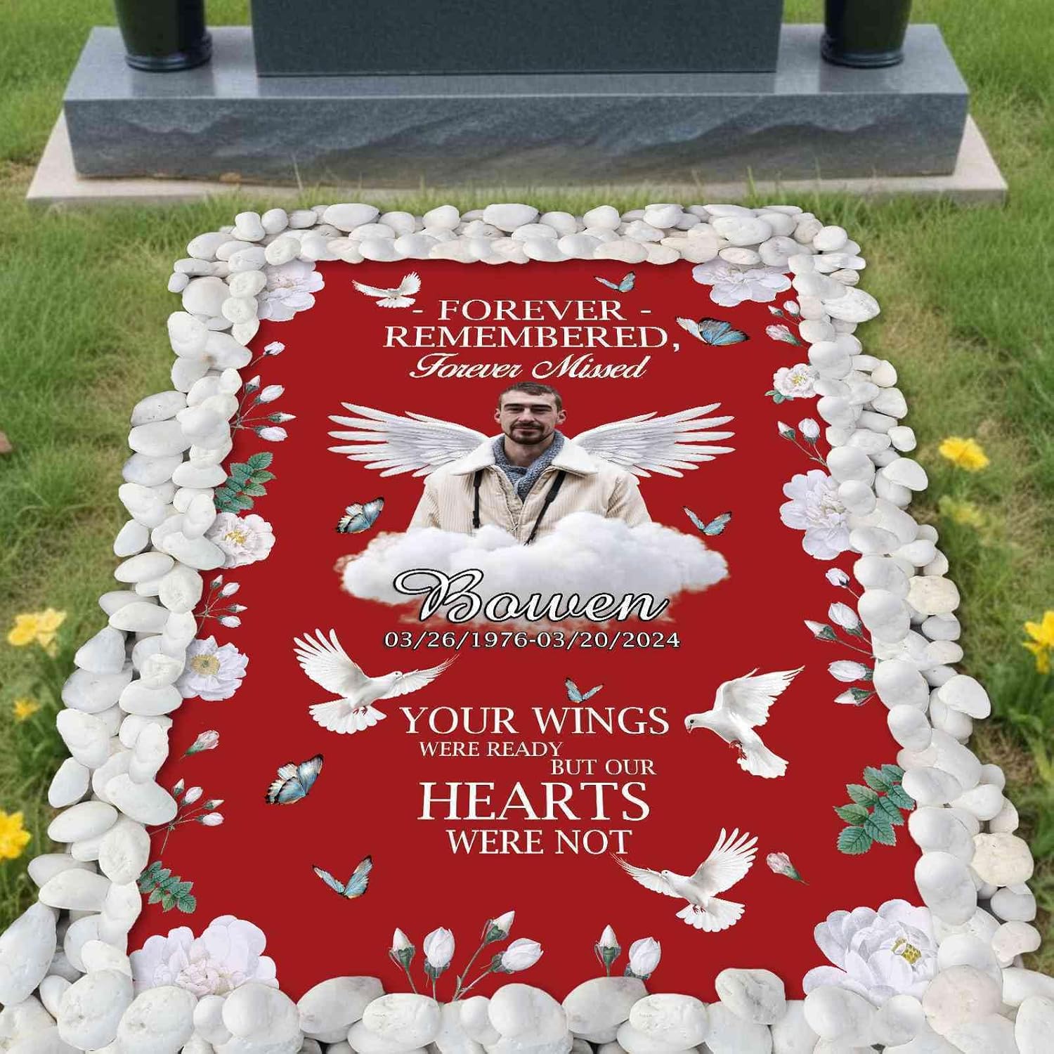 Personalized Memorial Grave Blankets Cover Custom Photo Name Date Waterproof Flowers Funeral Blanket Cover for Your Loved One Cemetery Decor Forever Remembered Forever Missed 2x5 Ft Purple