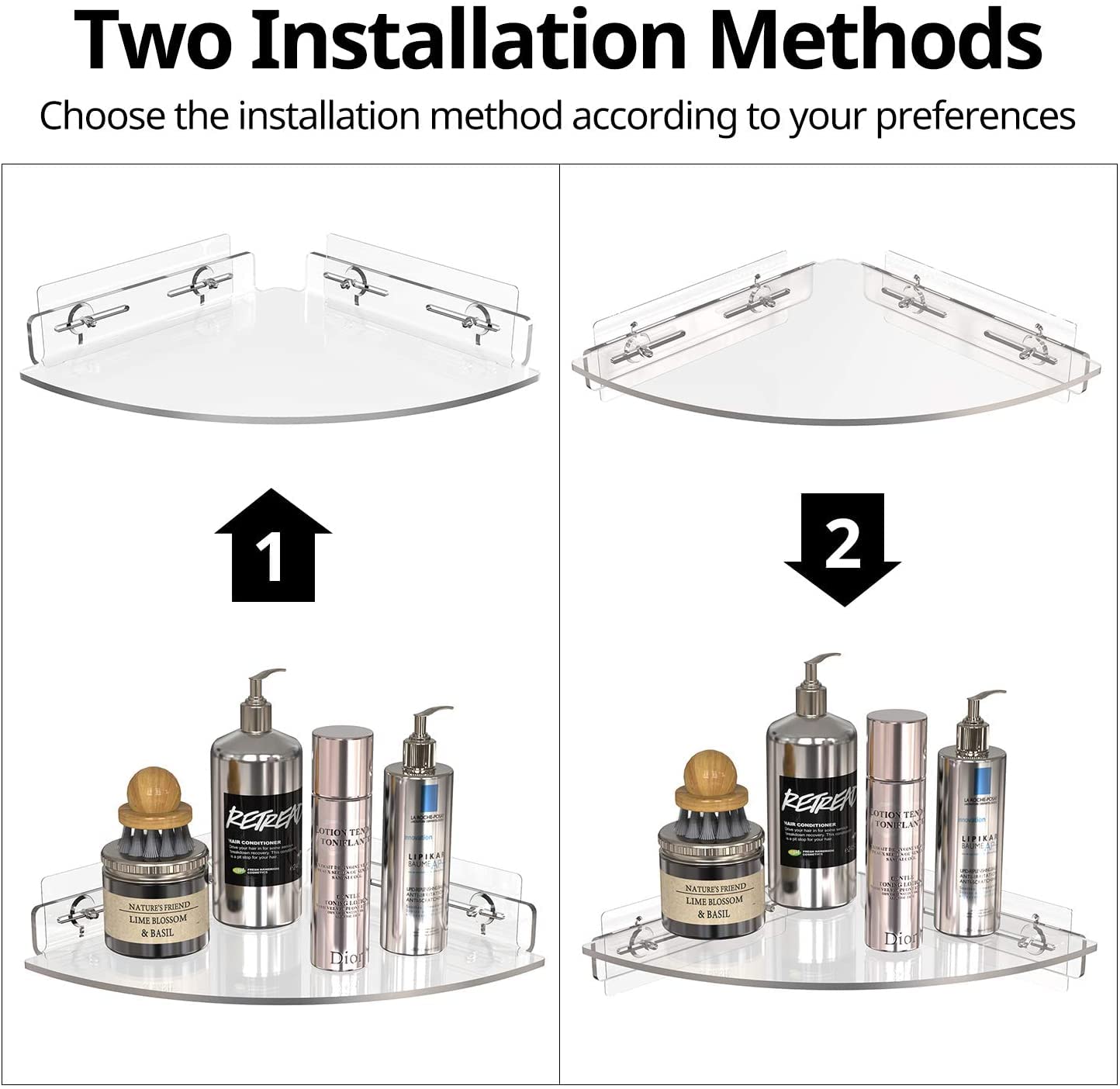 GeekDigg Corner Shower Caddy - Set of 2 No-Drill Acrylic Bathroom Organizer - 10"x11"x2" Wall-Mounted Adhesive Shower Shelf with Razor Holder for Storage - Clear