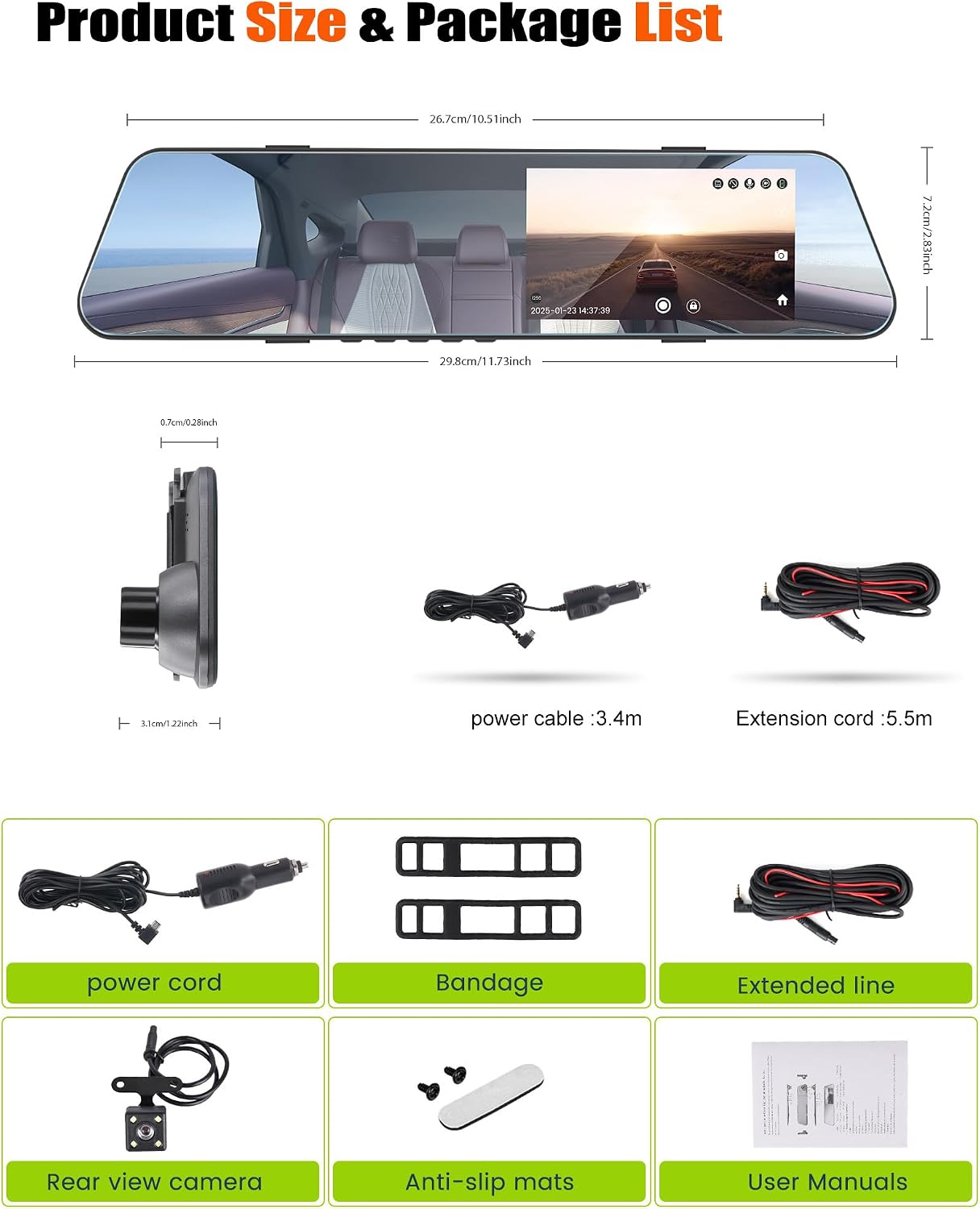 Mirror Dash Cam 4.7 Inch Rear View Mirror 720P Front and Rear View Dual Cameras with Super Night Vision,Parking Assistance,Loop Recording,24H Parking Monitor, Waterproof Backup Camera