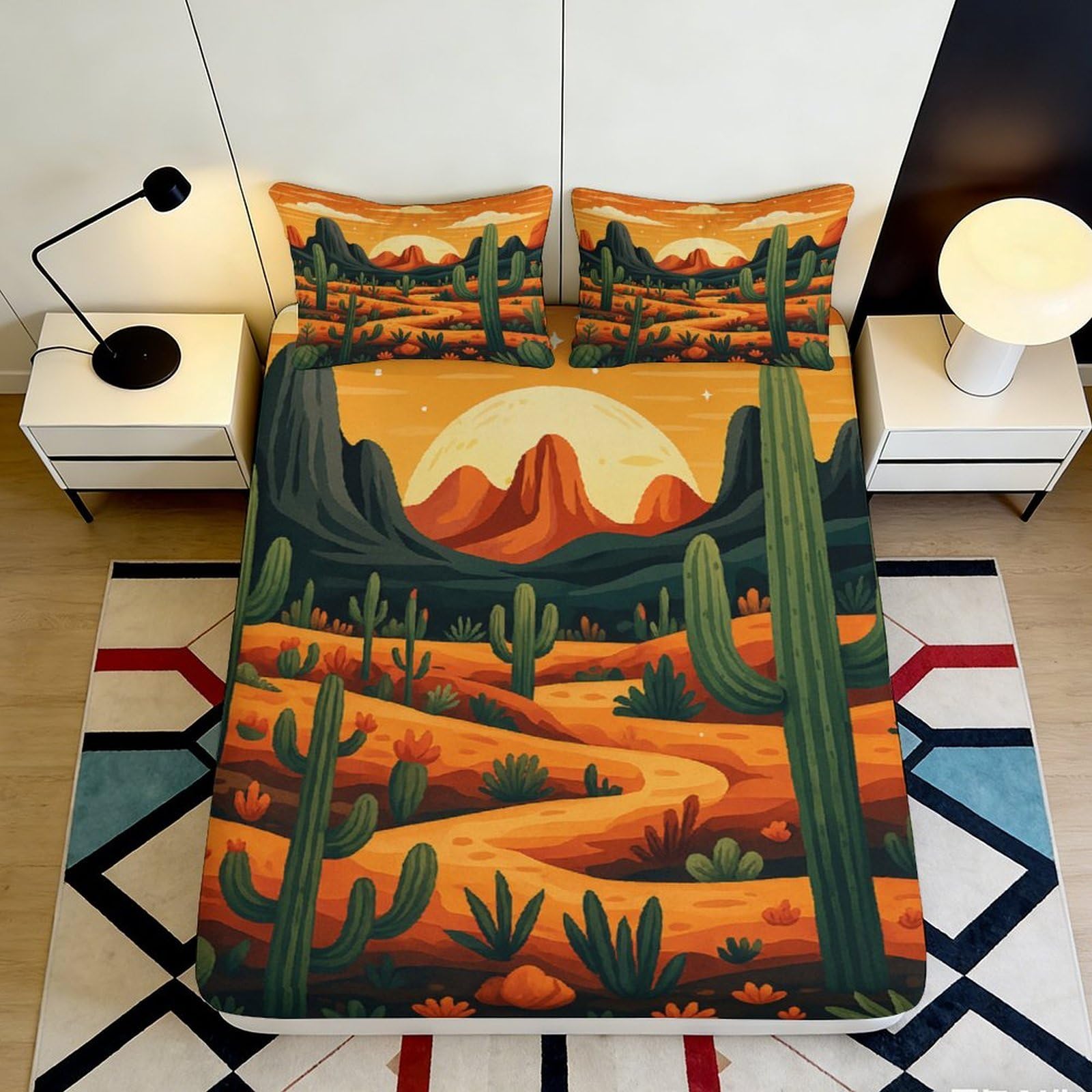 3D Printed Desert Sunset Fitted Sheet Microfiber Soft Breathable Cactus Valley Bed Cover for Bedroom Dorm Decor 90x200x25cm