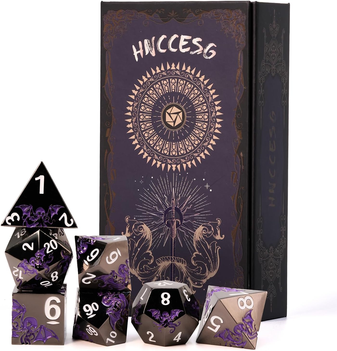 Cthulhu-Inspired Octopus Metal RPG Dice Set,7-Piece,Shadow Purple on Black,Solid Zinc Alloy Plated Finish,Gift for Tabletop Role-Playing Fans (Black Purple)