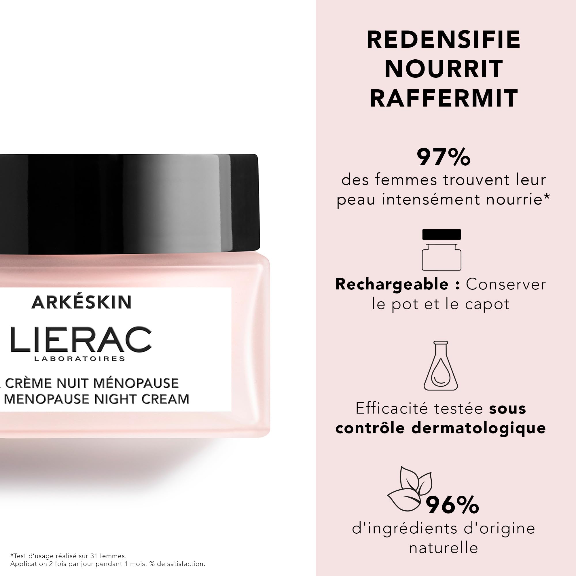 Liérac - Arkéskin - Crème de Nuit Ménopause - Crème Visage Femme Corrigeant les Signes Visibles de la Ménopause - Bio-Peptide et Acide Hyaluronique - Raffermit, Nourrit et Hydrate la Peau