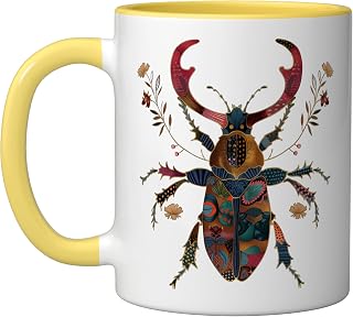 Stag Beetle Flowers Insect Bug Tattoo Artist Entomology Ceramic Mug, Yellow/White