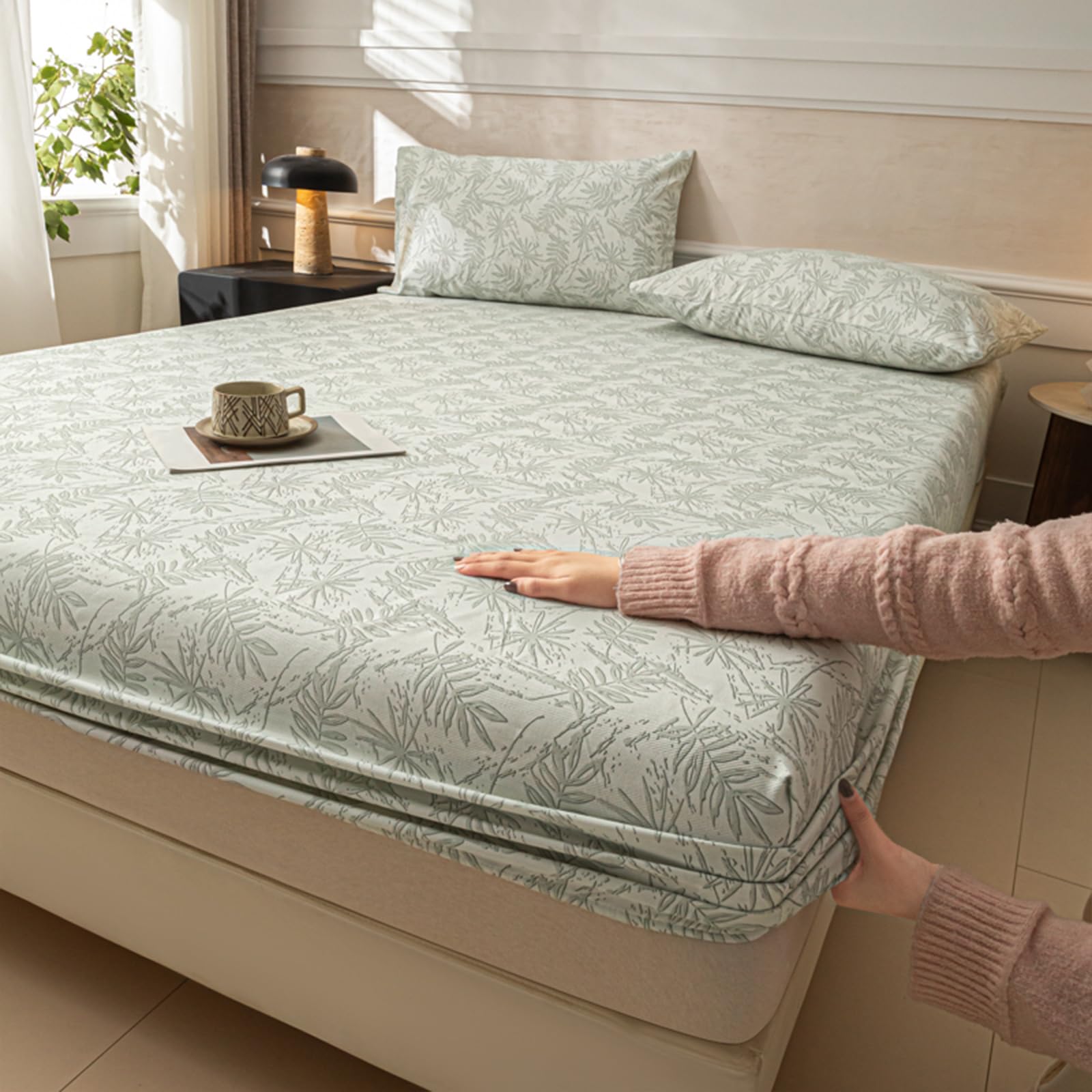Drap housse 150x200 motif feuille en coton pour une chambre nature