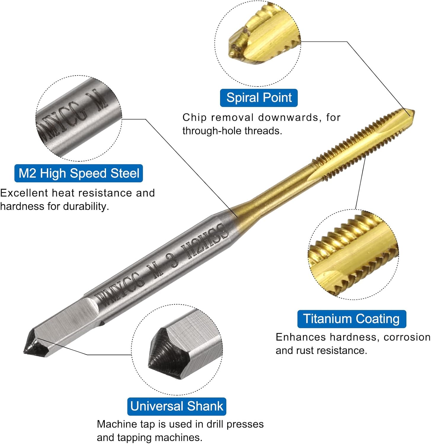 uxcell Metric Tap & Drill Bit Set, 2pcs M3 x 0.5 Spiral Point Thread Taps Titanium Coated and 2pcs 2.5mm Twist Drill Bits Roasted Yellow, Screw Tapping Threading Tools