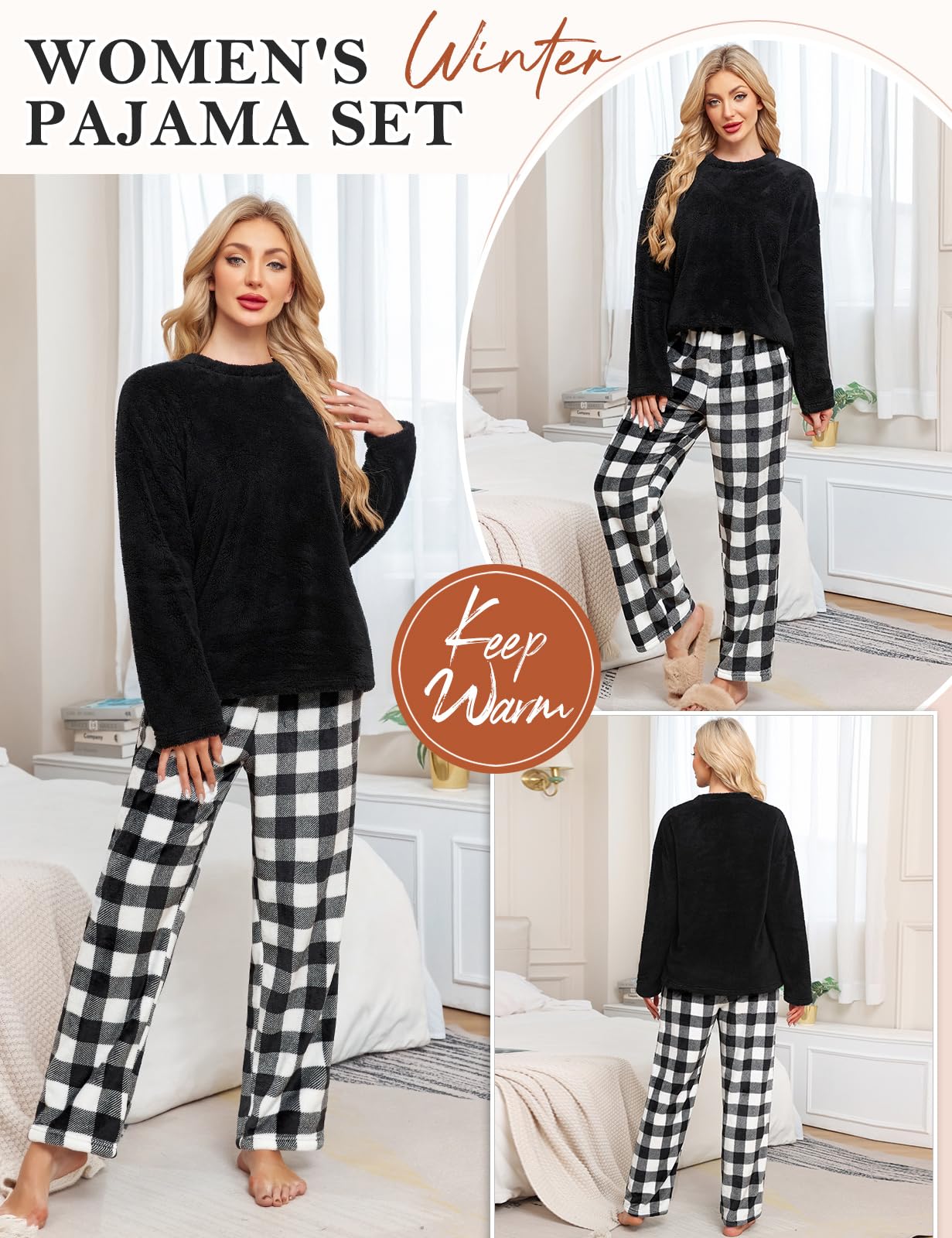 UMIPUBO Pigiama Donna Invernale Pile Due Pezzi Caldo Pigiami da Casa Felpato Set con Tasche Elegante Manica Lunga e Pantalone Lungo Indumenti da Notte Loungewear Natale Regalo Regali