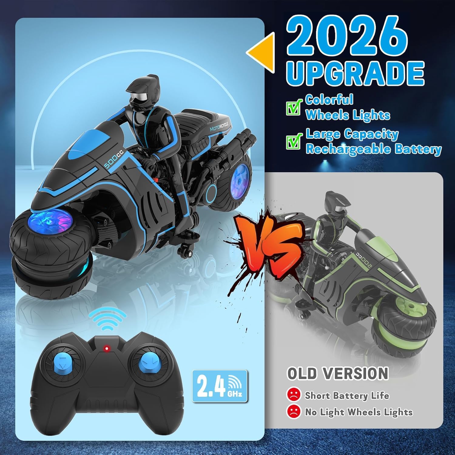 Remote Control Motorcycle Toys, Colorful Wheels Light Off-Road RC Dirt Bike with Detachable Rider, 360 Degree Rotation, High Speed, 2.4Ghz RC Motorbike Gift for Kids 5-12