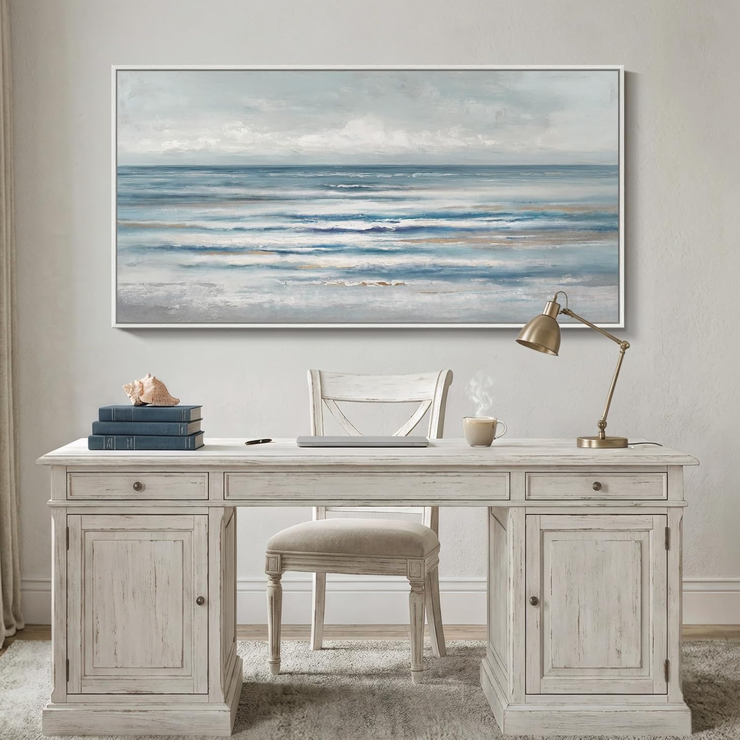 Large Framed Coastal Abstract Landscape Wall Art for Living Room, Horizontal Beach Wave Scenic Canvas Artwork for Walls, Ocean Seascape Picture Print for Dining Room Bedroom Office Wall Decor, 60x30 in