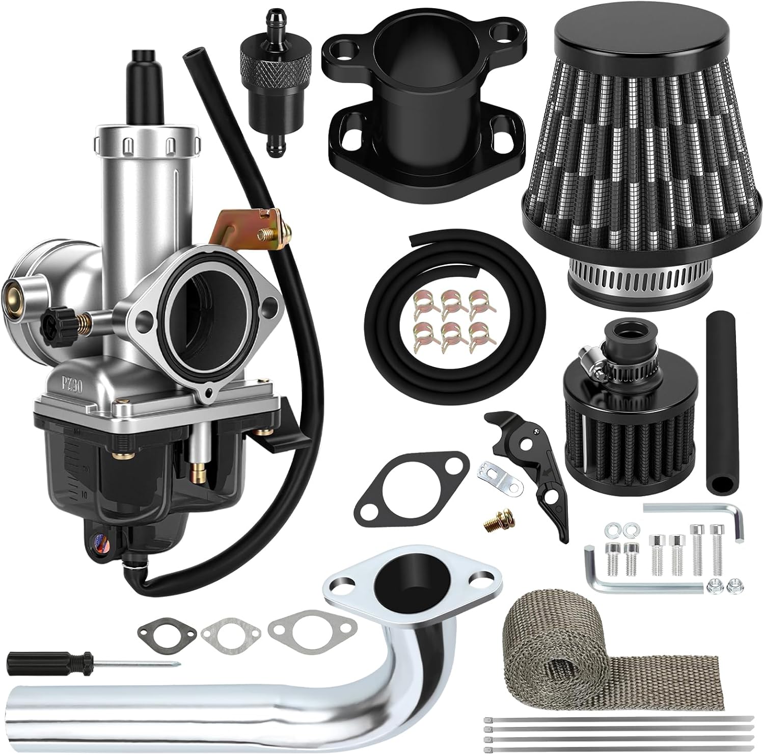 PZ30 30mm Carburetor with Exhaust Header Stage 1 Kit Replacement for Predator 420cc 301cc GX390 GX340 GX270 GX240 389cc 13HP 11HP Engine Mini Bike Go Kart Cart Parts Accessories Intake Manifold