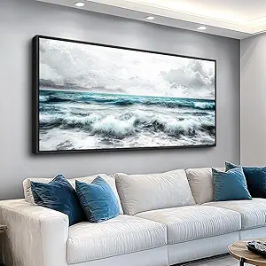 ERQINHUA Black And White Beach Canvas Wall Art For Living Room Wall Decoration For Bedroom Office Decor Blue Sea Wave Pictures Modern Hotel Room Home Decor Wall Painting Black Framed 20x40 In