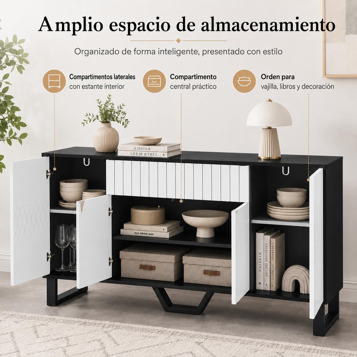 Aparador Blanco-Negro 160cm con Frente Geométrico – Cómoda con Cajón Push-to-Open, 4 Puertas & Pata en V Metálica, 50kg – Bufet para Salón & Comedor, 160×78×40cm