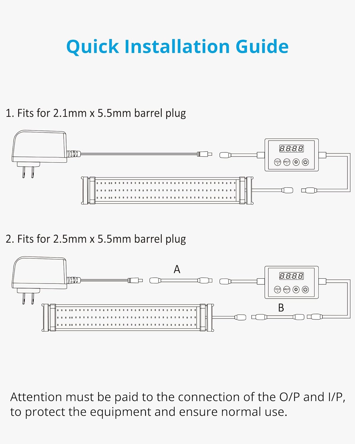 Diagram showing installation for 2.1mm and 2.5mm barrel plugs
