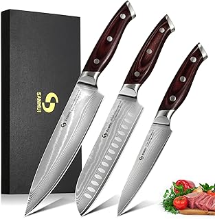 3er Damastmesser Set,Küchenmesser Set aus 67 Lagen Damaststahl mit Pakkaholzgriff,Profi Damast Messer Set in Geschenkbox – Ideal für Profiköche und Hobbyköche