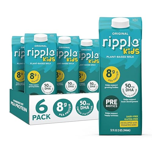 Ripple Leche no láctea para niños, leche vegana con 0.31 onzas de proteína de guisante, cajas de cartón estables sin OMG, a base de plantas, sin