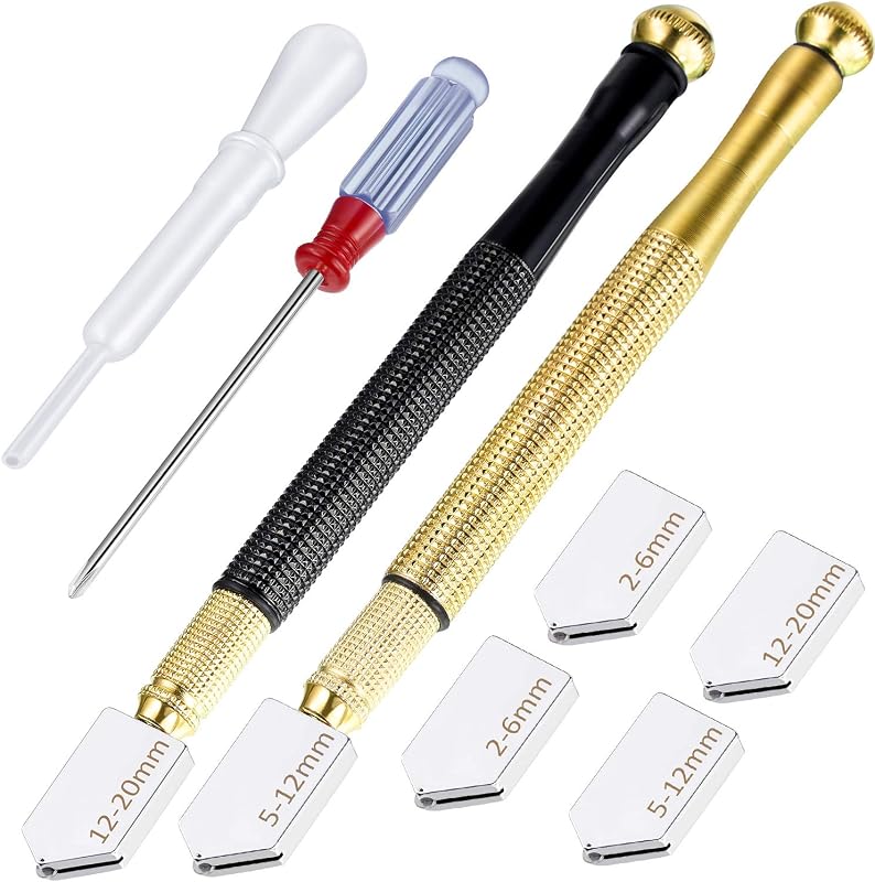 Mudder 9 Pcs Glass Cutter Tool Mirror Cutting Tool with 2-6 Mm, 5-12 Mm, 12-20 mm Glass Cutter Head and Screwdriver Oil Dropper Glove for Tiles Mirror