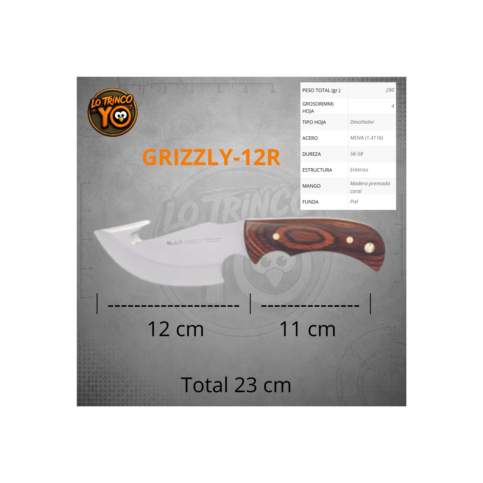 Muela GRIZZLY-12R Cuchillo de Caza con Hoja fija de 12 cm en Acero MoVa y Empuñadura de Madera Coral. Fabricado en España | Ideal para Caza,Supervivencia, Outdoor y Bushcraft | LO TRINCO YO