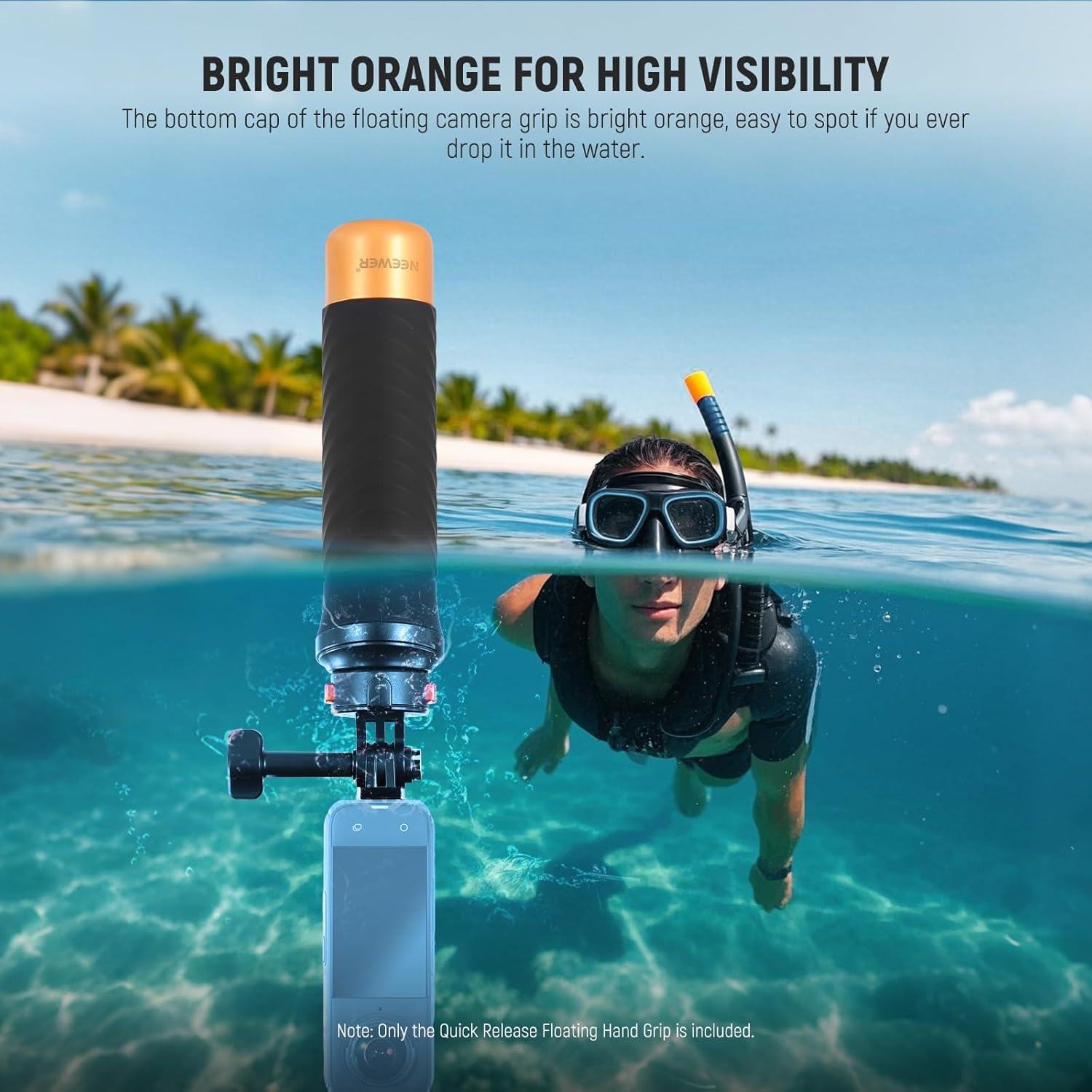 Floating hand grip with a bright orange bottom cap in water next to a snorkeler.