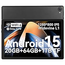 Whitedeer Tablet 10 pollici Android 15 Octa-Core, Face ID, OTG, 20GB+64GB+1TB Espansione, 1280 * 800 IPS, Split-Screen, WiFi 6, BT5.3, Doppia Fotocamera 5MP+8MP, 5000mAh, Widevine L1 (Nero)