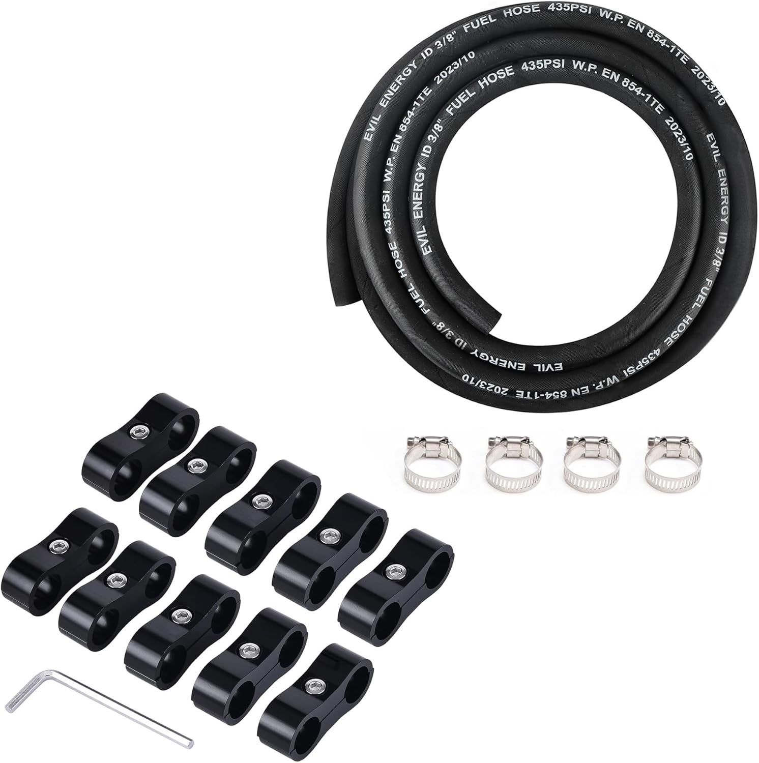 EVIL ENERGY 3/8" Fuel Hose Line NBR Rubber 5FT 435PSI EN854-1TE Bundle with 8AN Hose Separator Clamp 10PCS