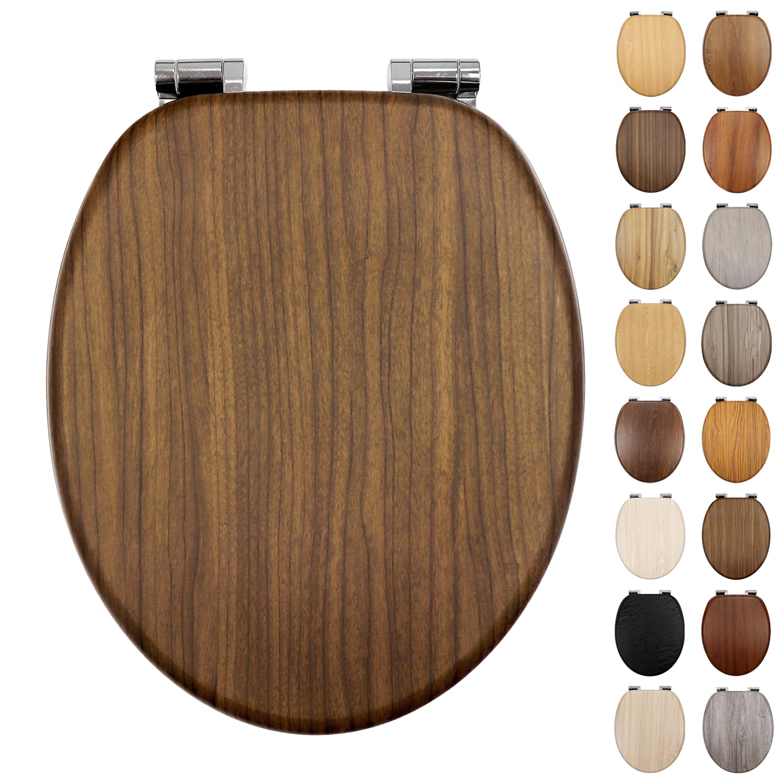 Fanmitrk Standard Wooden Toilet Seat Soft Close, MDF Adjustable Hinges with Bottom Fixture,Easy to Clean and Install for Bathroom(JHE146-2-01)