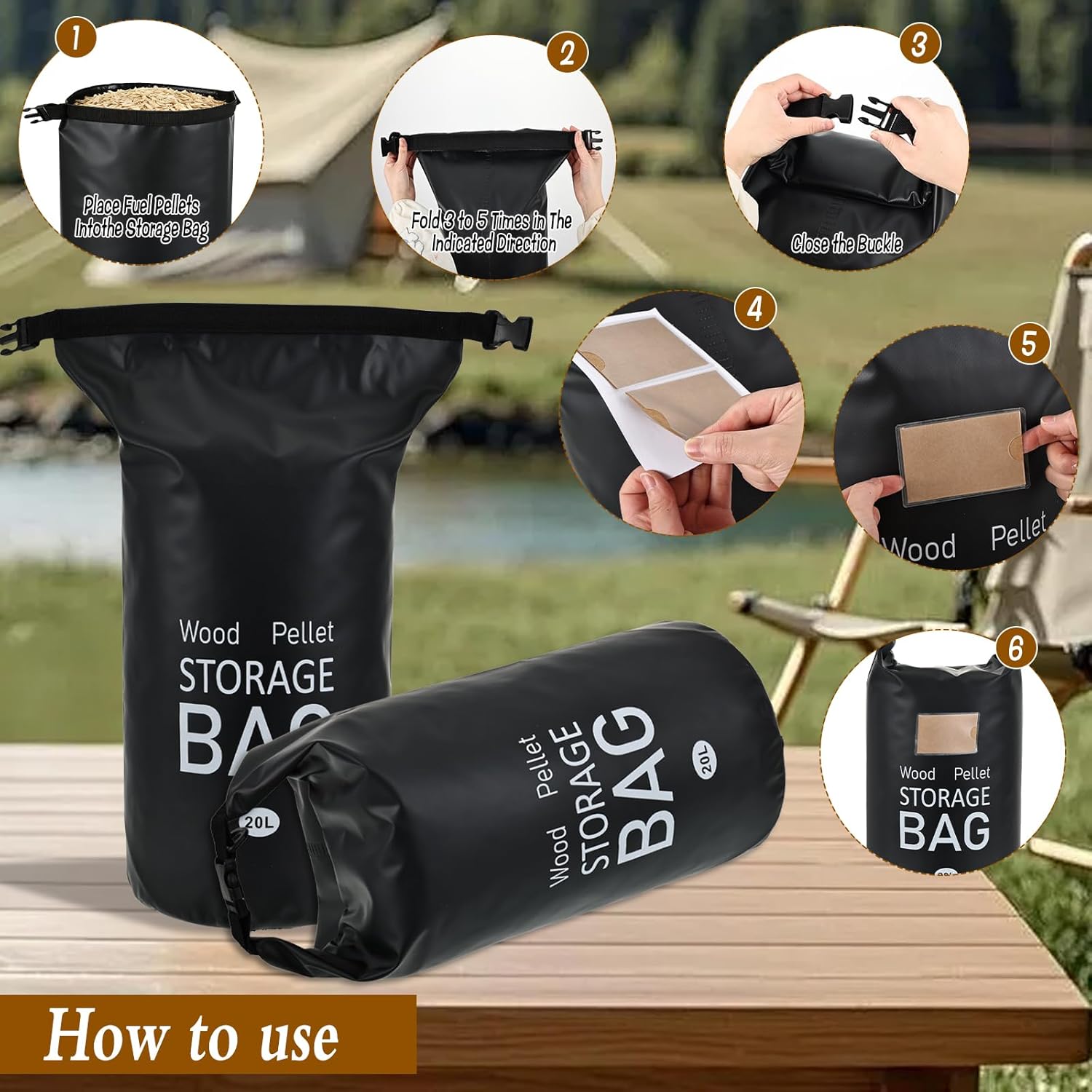 2 Pack 20 LB Wood Pellet Storage Bag with Scoops and Labels, Waterproof PVC Storage Container Grill Accessories for Pellets, Charcoal, Wood Chips