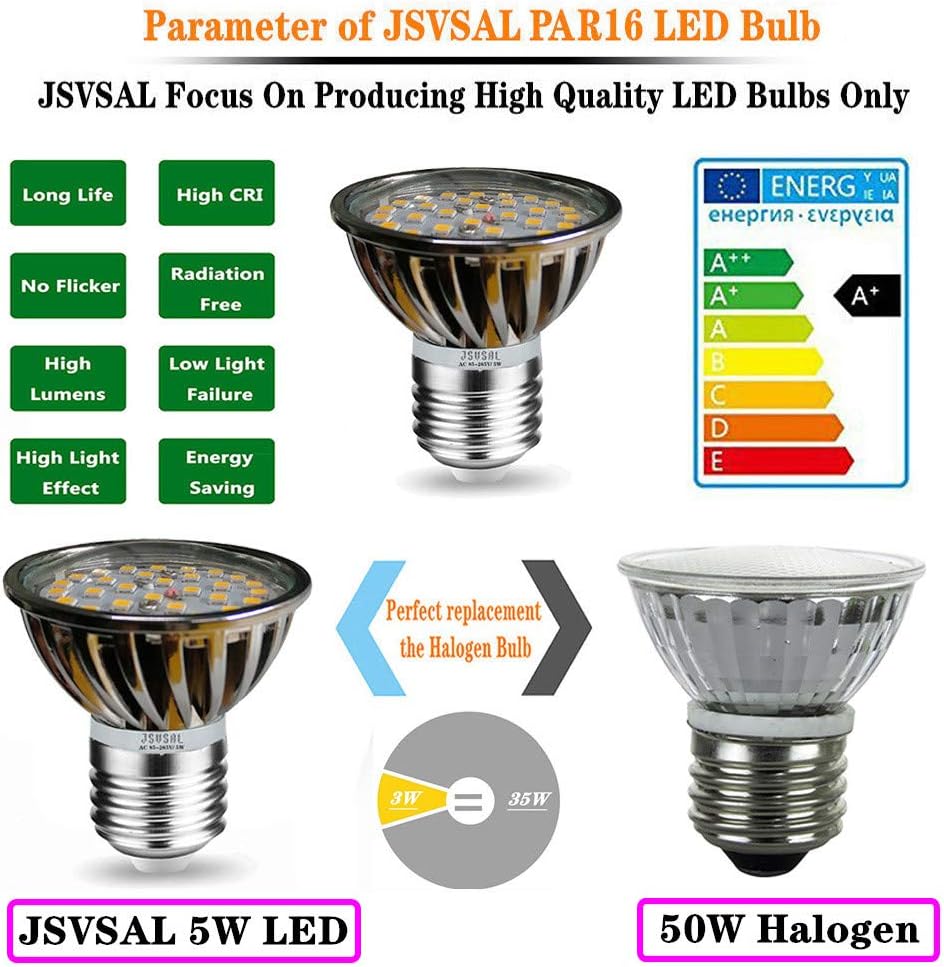 (6-Pack Non-dimmable PAR16 LED Short Neck Bulb, E26 Screw Base,5W AC 85-265V,35W-50W Halogen Bulbs Replacement,Aluminum Casing,120 Degree Wide Beam Floodlight Bulb (Warn White-2700K)