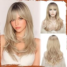 SOFEIYAN Long Straight Layered Blonde with Black Roots Wig with Bangs 24 Inch Synthetic Natural Hair Wig Soft Heat Resistant Long Wigs for Women Daily Party Use