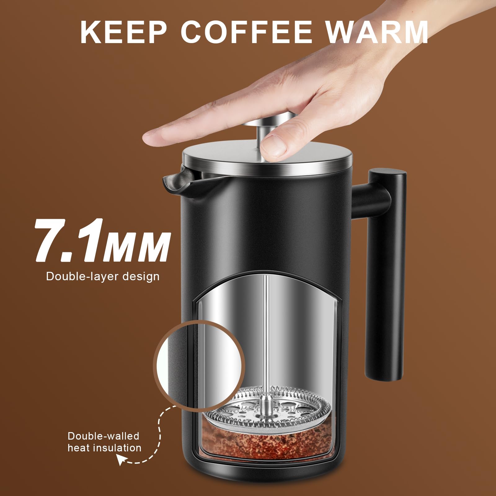 SZHETEFU French Press - Cafetera de prensa francesa grande aislada de acero inoxidable de alta calidad, capacidad de 4 a 6 tazas, cafetera de émbolo de prensa francesa, color negro