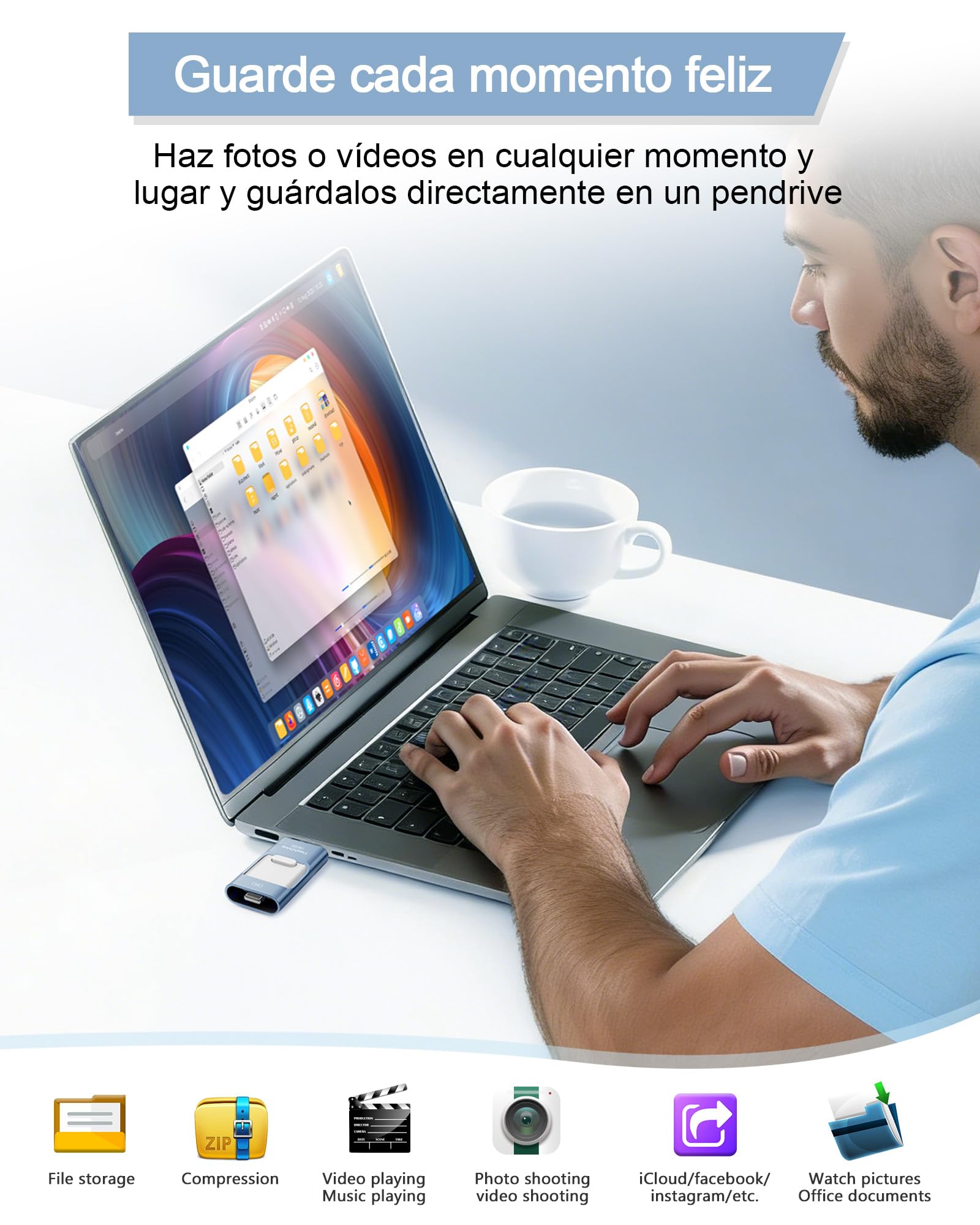 ZARMST Memoria USB 256GB para i-Phone y Android, Pendrive 4 en 1 USB 3.0 con L-ightning/USB-C/Micro USB/USB-A, Memoria Externa para Móvil, Almacenamiento de Fotos y Vídeos, Azul