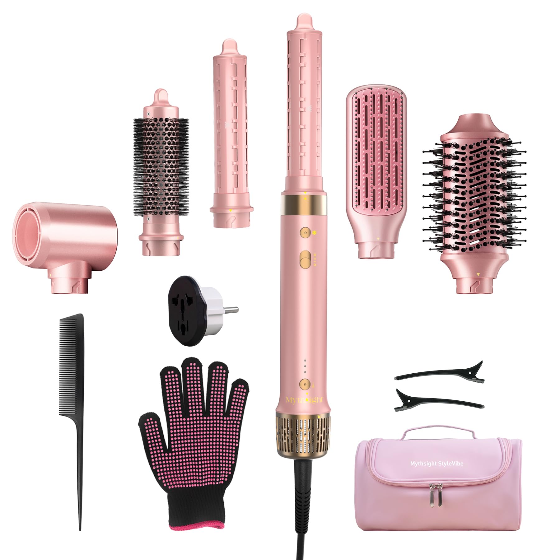 Mythsight StyleVibe 6-in-1 Air Styler, Dual Voltage Hair Dryer & Blow Dryer Brush with Travel Case - Auto Wrap Curls (L/R), Fast Drying, Thermal Brush