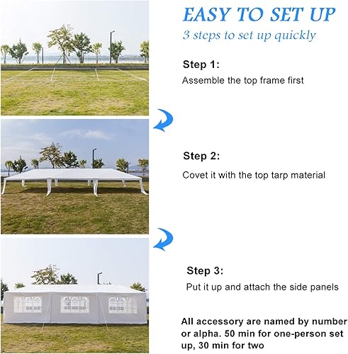 Miniatura 4 de Tienda de campaña para fiestas de 10 x 30 pulgadas, carpa blanca para bodas, resistente al agua, para fiestas, con 5 paredes laterales extraíbles,